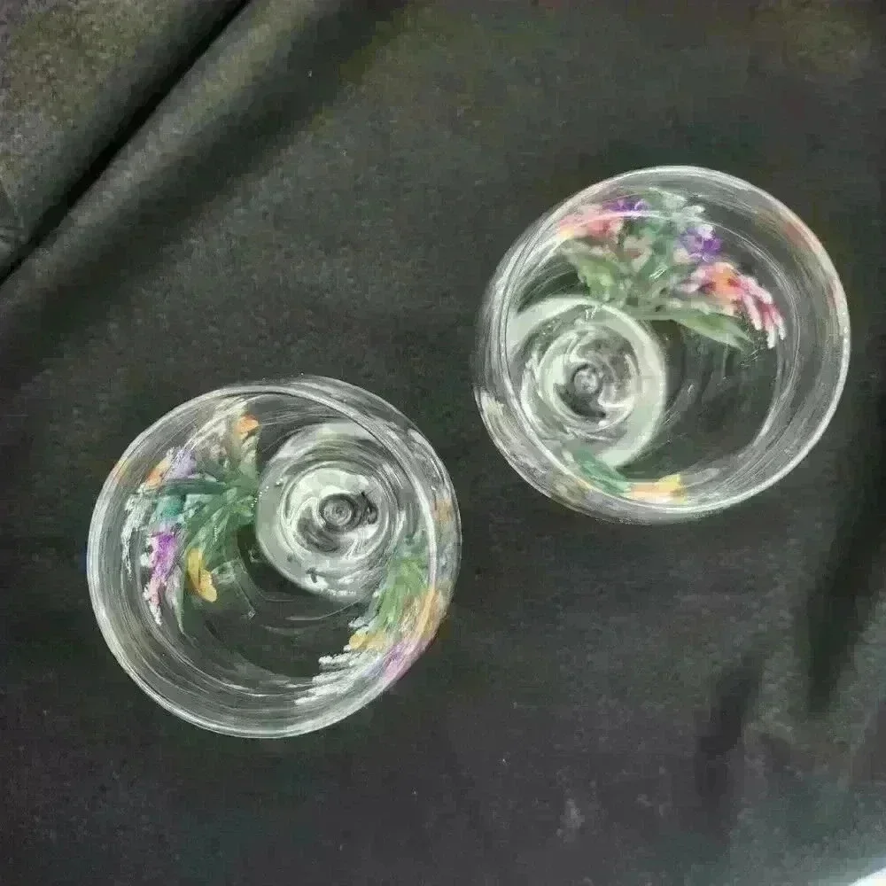 Two Large‎ Stemmed Wine Glasses Hand Painted & Signed Multi-Color Floral Design